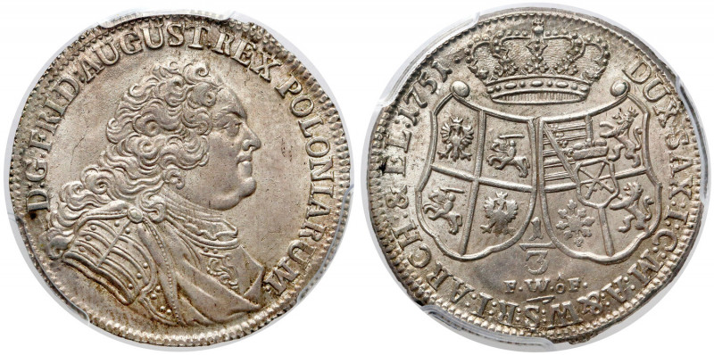 August III Sas, 1/3 talara 1751 FWóF - menniczy Piękny półgulden. Typ bity w men...