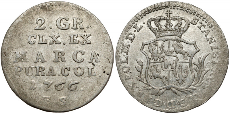 Poniatowski, Półzłotek 1766 FS - 7 listków - krótkie gałązki Ładny. Pierwszy roc...