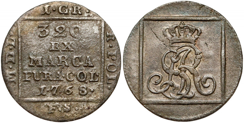 Poniatowski, Grosz srebrny 1768 F.S. Ostatni rocznik srebrników z inicjałami F.S...