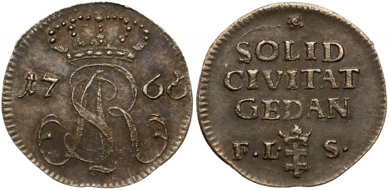 Poniatowski, Szeląg Gdańsk 1766 FLS - PIĘKNY Menniczy egzemplarz monety bardzo r...