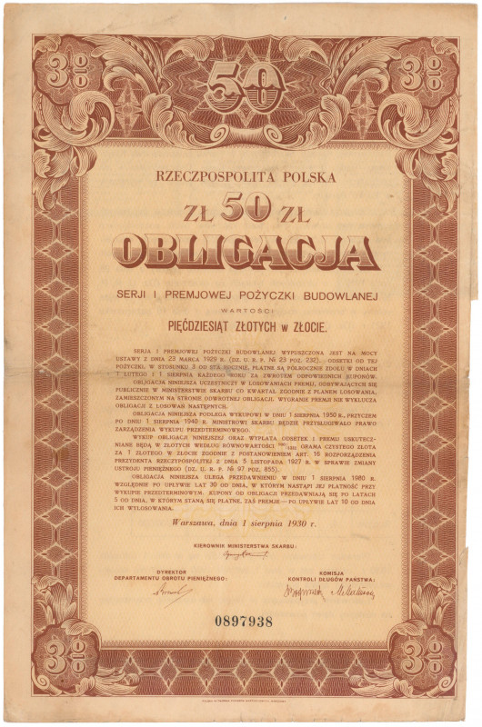 3% Premiowa Pożyczka Budowlana 1930, Obligacja na 50 zł Reference: Bykowski 19.1...