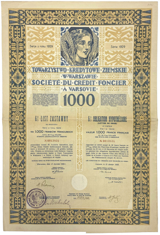 Warszawa, TKZ, List zastawny 1.000 franków 1929 Wymiary:&nbsp; 32.5 x 48.5 cm. P...