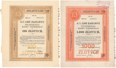 Wileński Bank Ziemski, Listy zastawne, Ser.I 100 zł i Ser.II 1.000 zł 1926-29 (2szt)