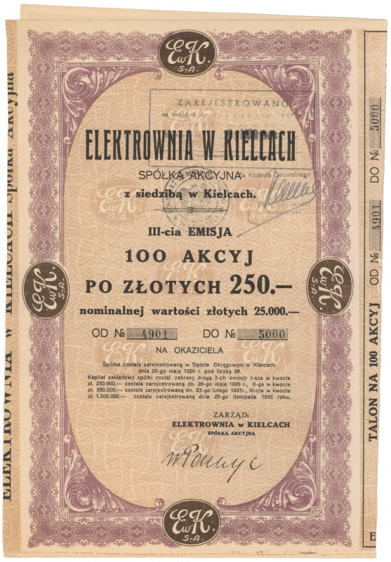 Elektrownia w Kielcach, Em.3, 100x 250 zł Reference: Koziorowski 401-6, Niegrzyb...