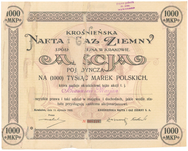 Krośnieńska Nafta i Gaz Ziemny, 1.000 mkp 1922 Reference: Koziorowski 909-1, Nie...