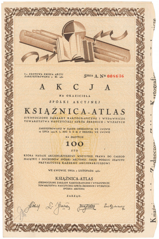 Książnica-Atlas, Em.1, 100 zł 1930 Reference: Koziorowski 915-4, Niegrzybowski X...