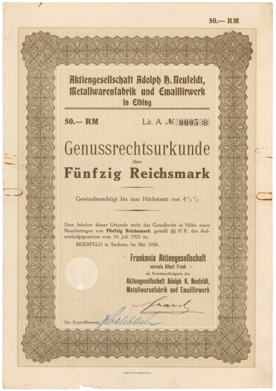 Elbląg, AG Adolph H. Neufeldt, Metallwarenfabrik, 50 rmk 1926