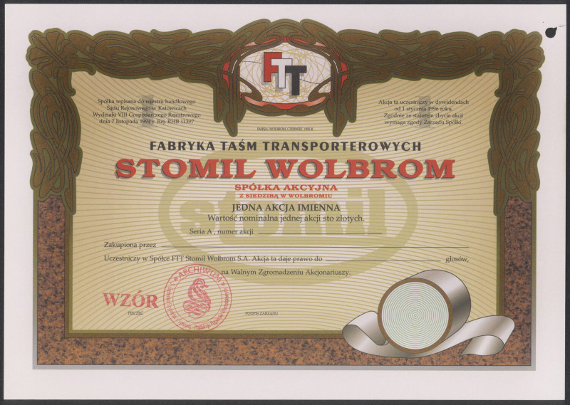 Fabryka Taśm Transporterowych STOMIL WOLBROM, WZÓR Akcji na 100 zł Wymiary: 20.5...