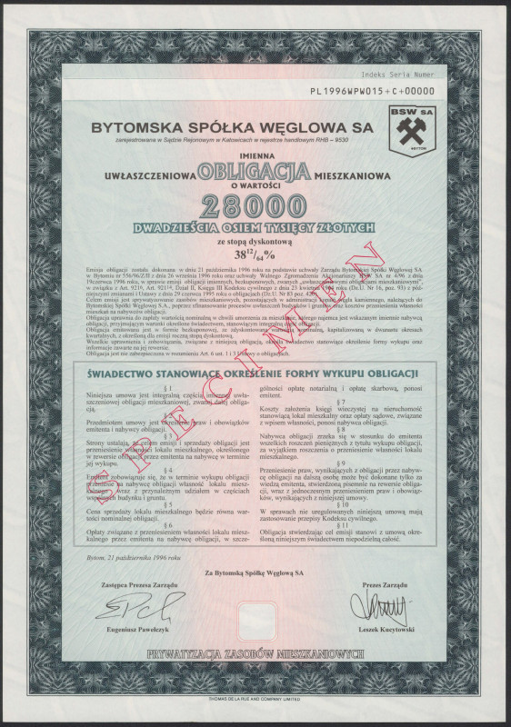 Bytomska Spółka Węglowa, SPECIMEN Obligacji 28.000 zł 1996