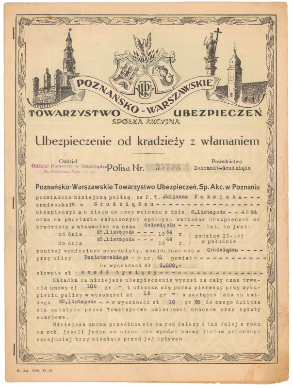 Poznańsko - Warszawskie Tow. Ubezpieczeń, Polisa od kradzieży z włamaniem Wymiar...