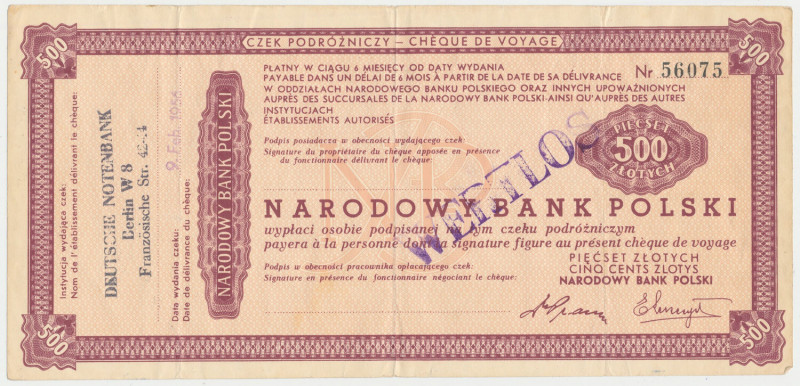 Czek podróżniczy NBP na 500 zł (1958) - RZADKI Rzadki wczesny czek NBP, wysoki n...