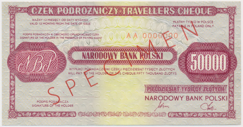 Czek podróżniczy NBP na 50.000 zł - SPECIMEN 
Grade: UNC/AU