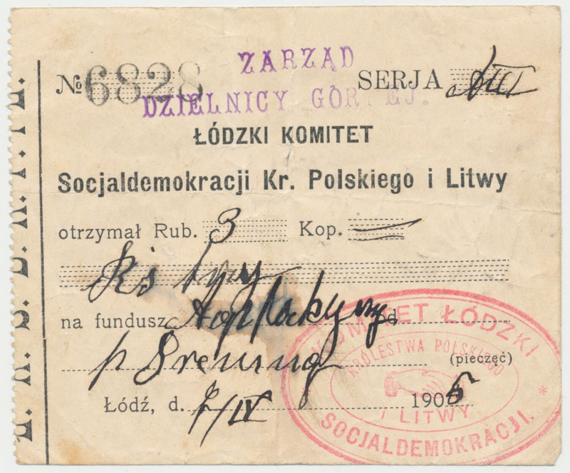 Łódzki Komitet Socjaldemokracji Kr. Polskiego i Litwy, 3 ruble 1906 Pokwitowanie...