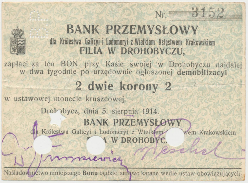 Drohobycz, Bank Przemysłowy, 2 korony 1914 Bon perforowany napisem B.P. oraz ska...