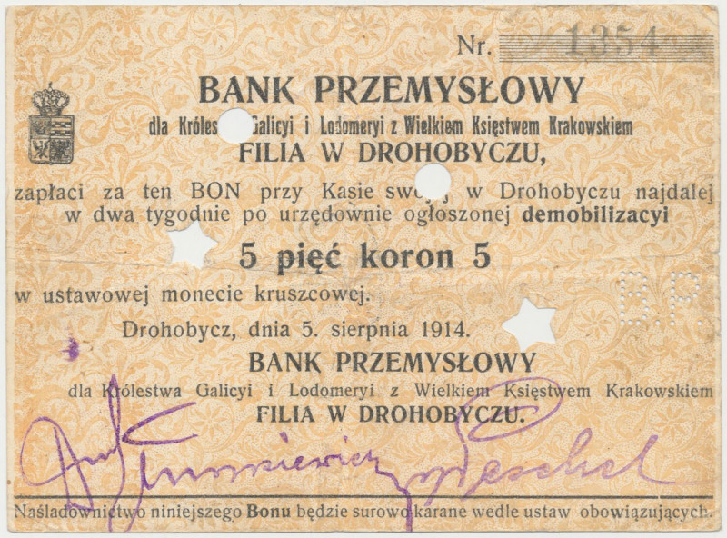 Drohobycz, Bank Przemysłowy, 5 koron 1914 Bon perforowany napisem B.P. oraz skas...