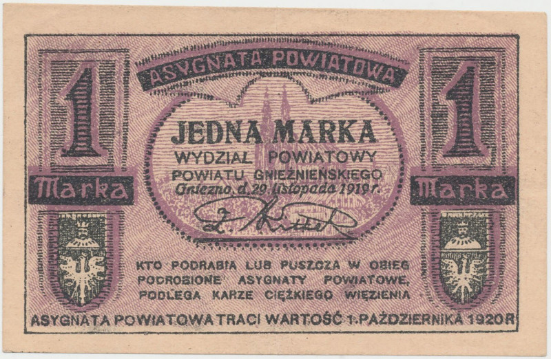 Gniezno/Witkowo, 1 marka 1919 Reference: Podczaski P-033.2
Grade: XF 

POLAND...