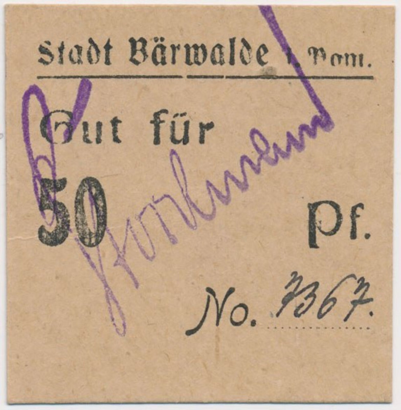 Bärwalde (Barwice), 50 pf (1920) Reference: Tieste 0300.05
Grade: AU 

POLAND...