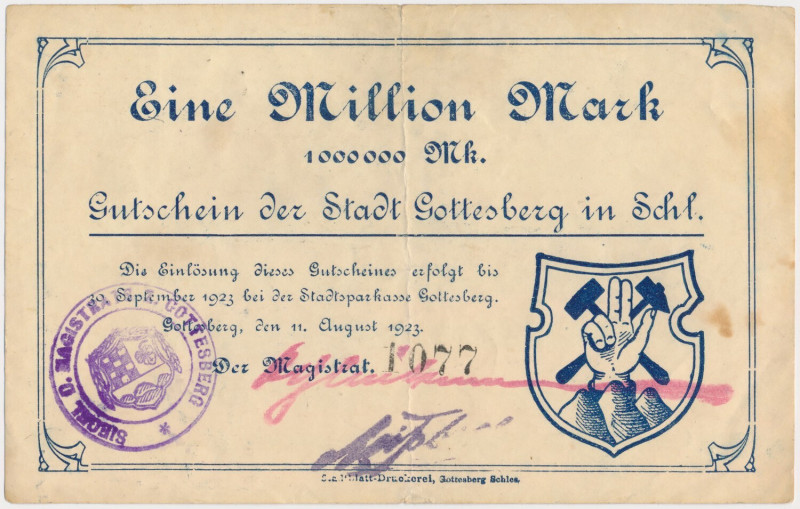 Gottesberg (Boguszów-Gorce), 1 mln mk 1923 Papier ze znakiem wodnym. 
Reference...