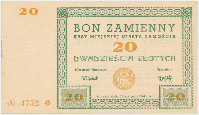 Zamość, 20 złotych 1944 Reference: Podczaski D-051.3
Grade: VF+ 

POLAND POLE...