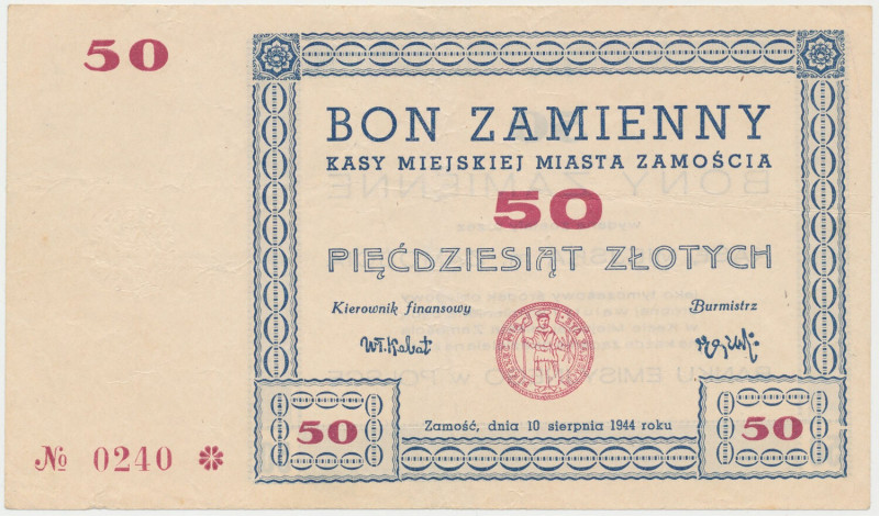 Zamość, 50 złotych 1944 Reference: Podczaski D-051.4
Grade: VF+ 

POLAND POLE...