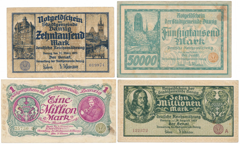 Gdańsk, 10.000 - 10 mln marek 1923 (4szt) 10 tys mk st.4, po konserwacji 50 tys ...