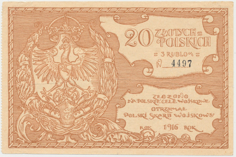 Polski Skarb Wojskowy, 20 złotych = 3 ruble 1916 Reference: Lucow 495 (R4)
Grad...