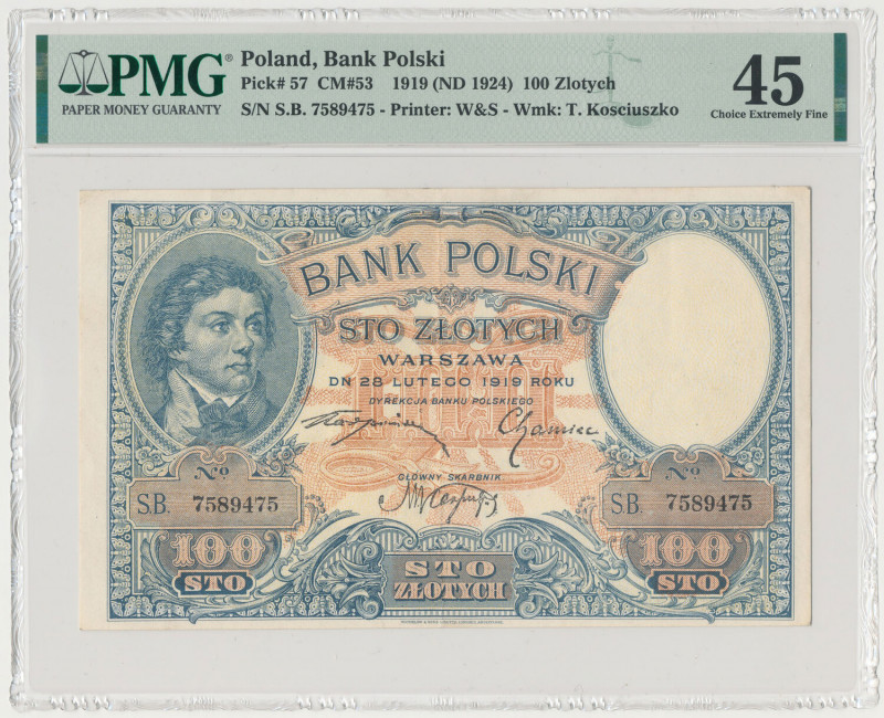 100 złotych 1919 Złamanie pionowe centralnie i niewielkie przybrudzenie na rewer...