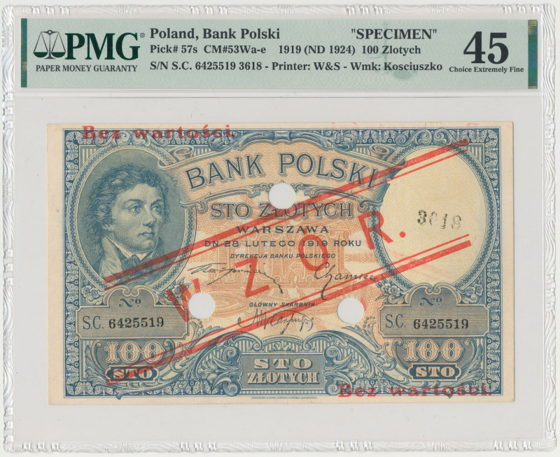 100 złotych 1919 - WZÓR - niski nadruk, z perforacją Rzadki wzór w ładnym stanie...