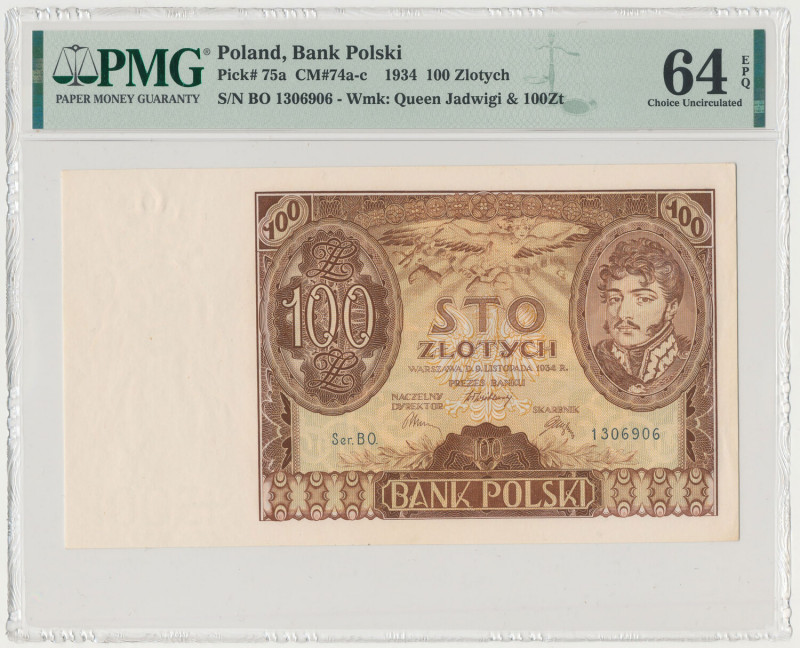 100 złotych 1934 - Ser.BO Reference: Miłczak 74a
Grade: PMG 64 EPQ 

POLAND P...