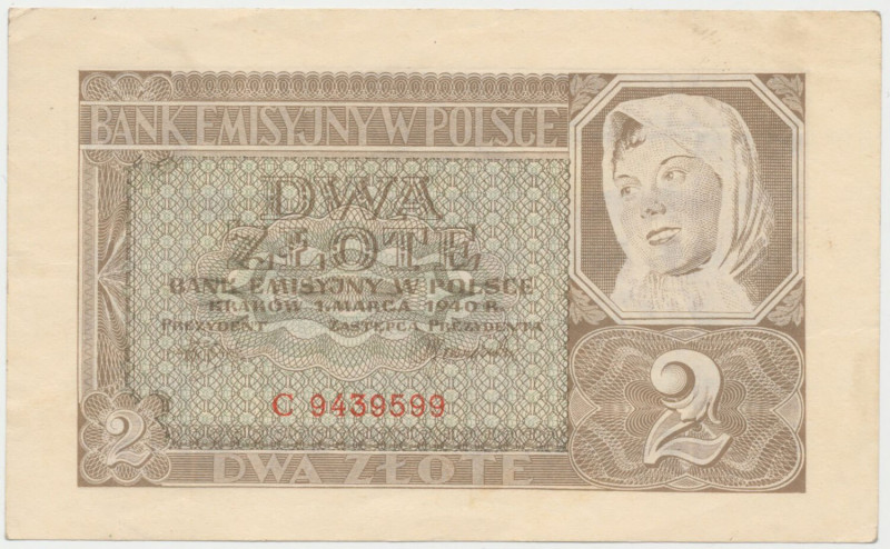2 złote 1940 - C Lekkie złamanie pionowe około 1 cm od lewego marginesu i łagodn...