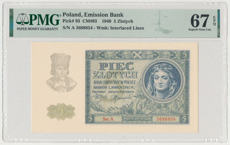 5 złotych 1940 - Ser.A Reference: Miłczak 93
Grade: PMG 67 EPQ MAX 

POLAND P...
