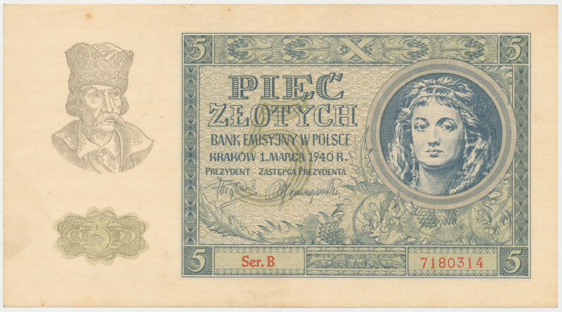 5 złotych 1940 - Ser.B Trzy lekkie zgięcia pionowe, na górnym marginesie lekkie ...