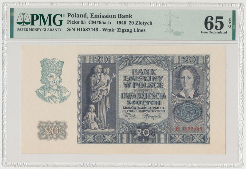 20 złotych 1940 - H Reference: Miłczak 95a
Grade: PMG 65 EPQ 

POLAND POLEN