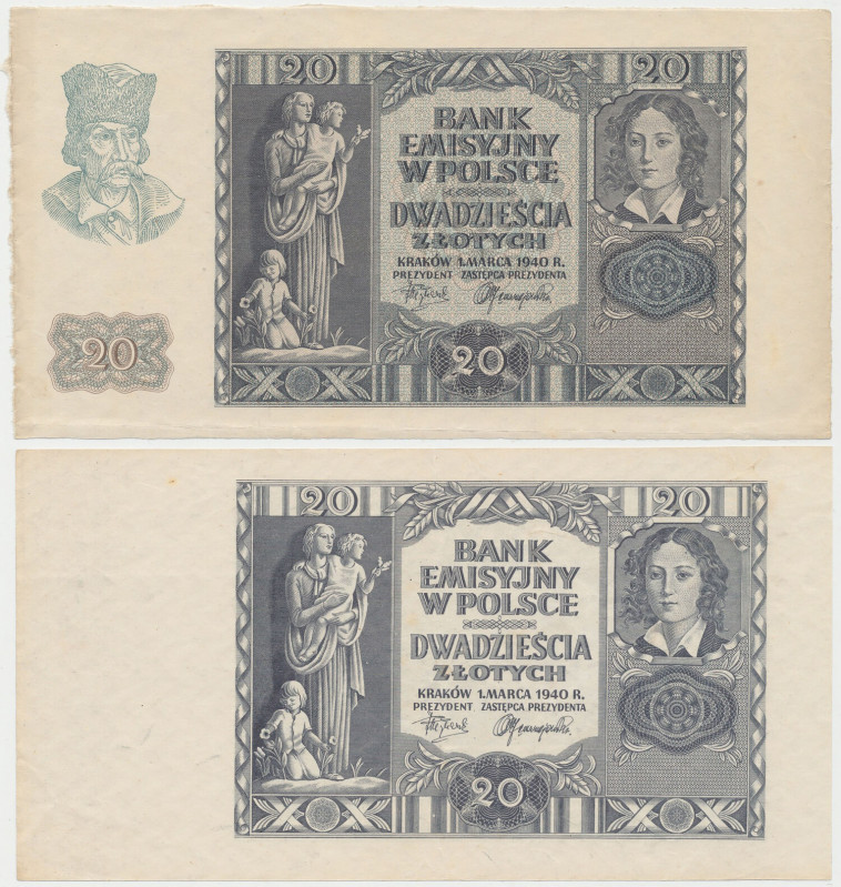 20 złotych 1940 - bez poddruku i z poddrukiem (2szt) Banknot z poddrukiem wydzie...