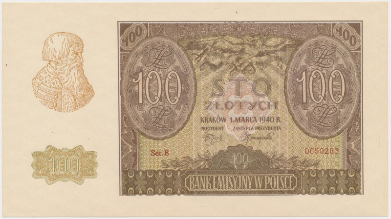 100 złotych 1940 - Ser.B - Falsyfikat ZWZ Stan zachowania bez najmniejszych zast...