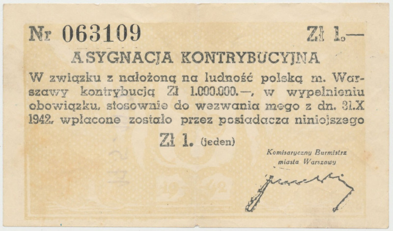 Asygnacja Kontrybucyjna 1 złoty 1942 Reference: Lucow 952 (R5)
Grade: VF+ 

P...