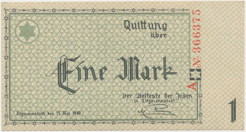 Getto 1 marka 1940 - A Stan emisyjny, bez ugięć.&nbsp; Reference: Miłczak L2b
G...