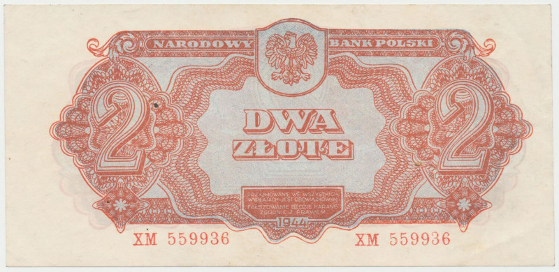 2 złote 1944 ...owym - XM Dwa ukośne, częściowe zgięcia w polu banknotu i zgięty...