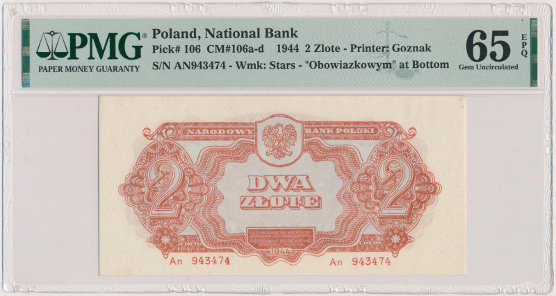 2 złote 1944 ...owym - An Reference: Miłczak 106b
Grade: PMG 65 EPQ 

POLAND ...