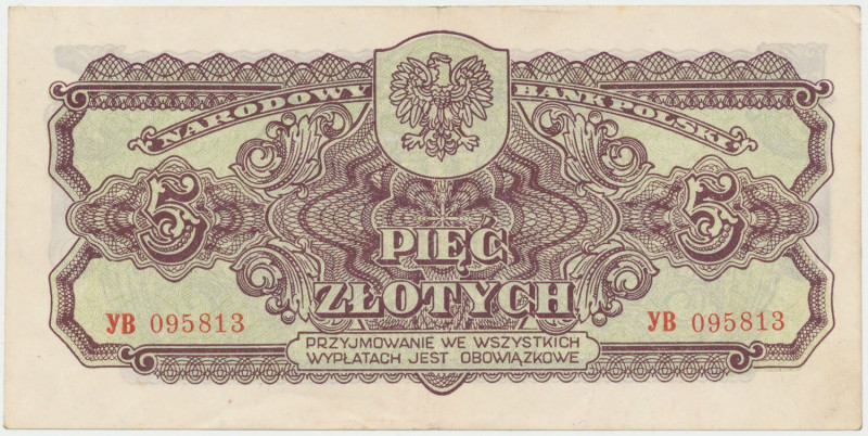 5 złotych 1944 ...owe - YB Złamanie pionowe w centrum, lekkie zgięcie poziome. N...