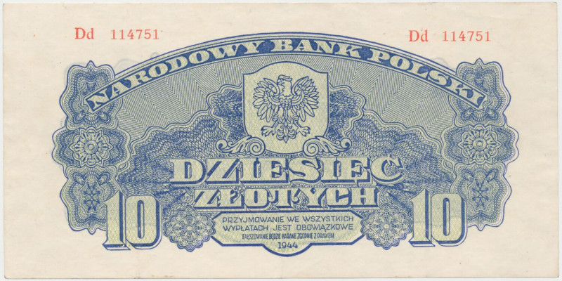 10 złotych 1944 ...owe - Dd Prezencja nieobiegowego egzemplarza. Pod światło wid...