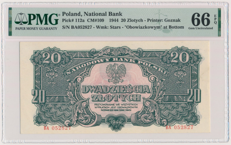 20 złotych 1944 ...owym - BA Pierwsza emisja -owym w znakomitym stanie, rzadka.&...