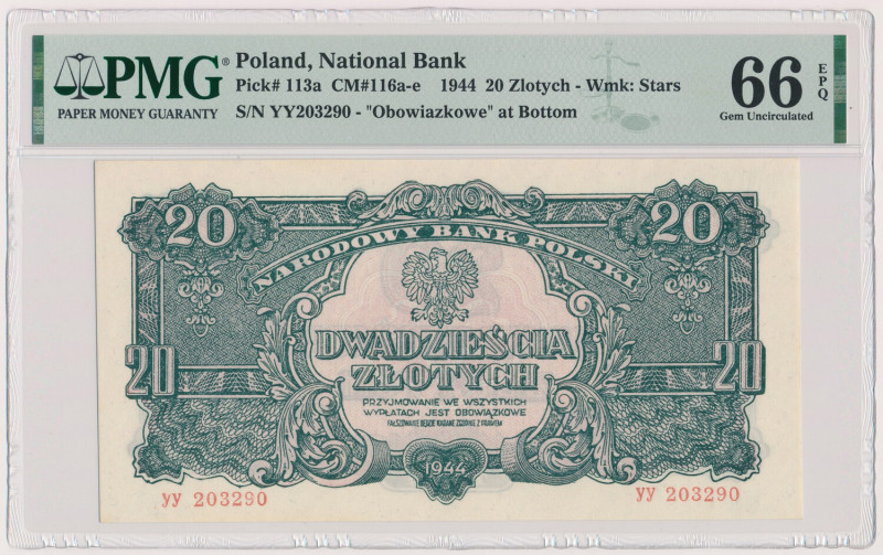 20 złotych 1944 ...owe - YY Piękna sztuka.&nbsp; Reference: Miłczak 116a
Grade:...