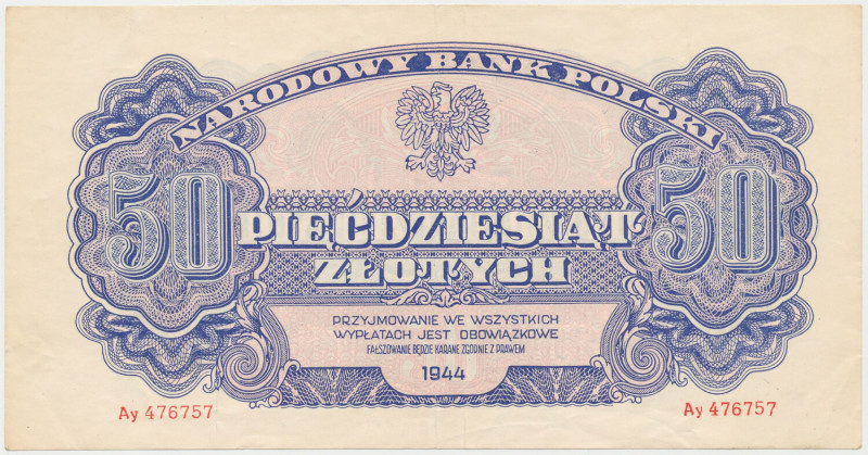 50 złotych 1944 ...owe - Ay Ładnej świeżości banknot z kilkoma złamaniami w polu...