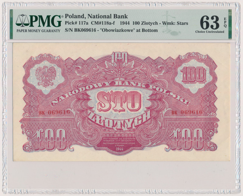 100 złotych 1944 ...owe - BK Wysoki nominał, rzadki w stanach nieobiegowych.&nbs...