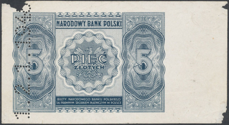 5 złotych 1946 - DRUK PRÓBNY rewersu - perforacja 1.2.1.1946 Nienotowany dotychc...