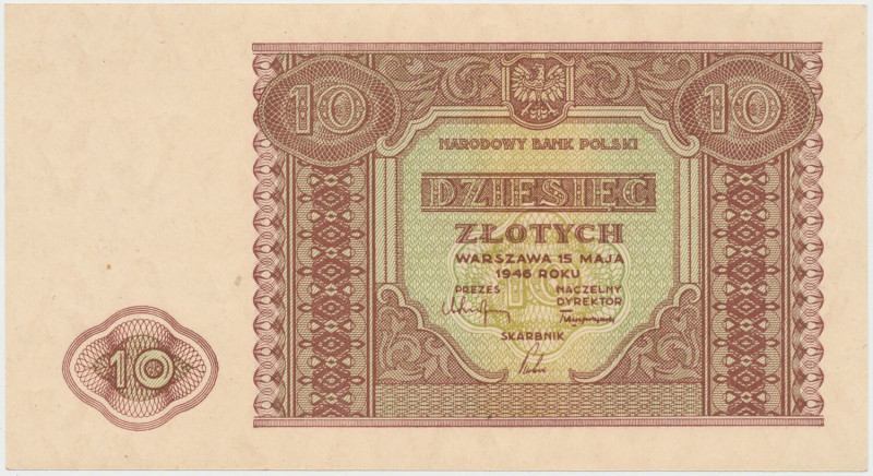 10 złotych 1946 Emisyjny stan zachowania, bez uwag.&nbsp; Reference: Miłczak 126...