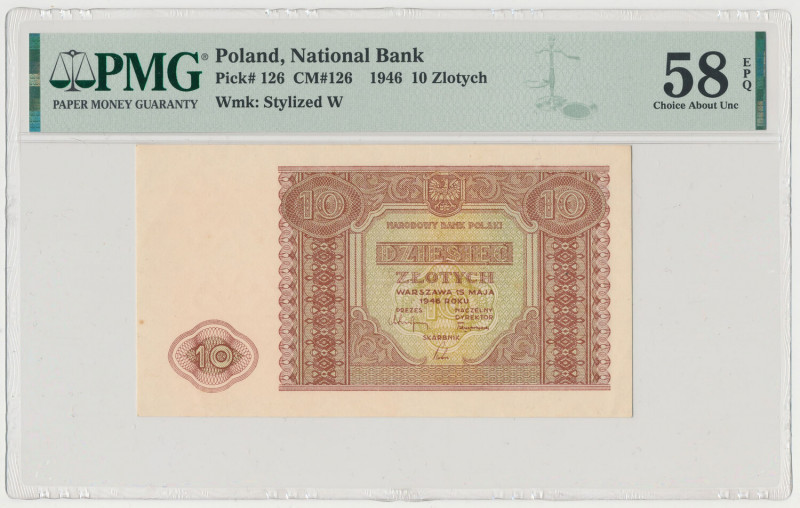 10 złotych 1946 Na prawo od centrum z trudem zauważalny ślad lekkiego zgięcia pi...