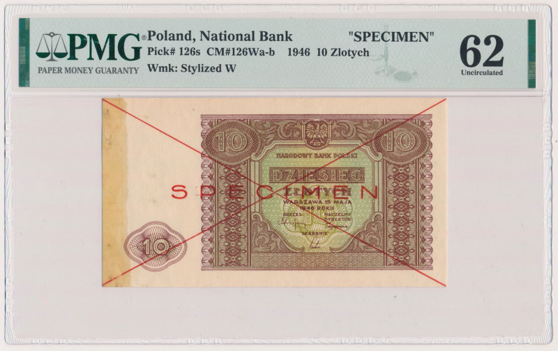 10 złotych 1946 - SPECIMEN Reference: Miłczak 126Wa
Grade: PMG 62 

POLAND PO...