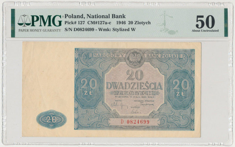 20 złotych 1946 - D - druk w kolorze NIEBIESKIM Wyraźnie niebieska kolorystyka d...